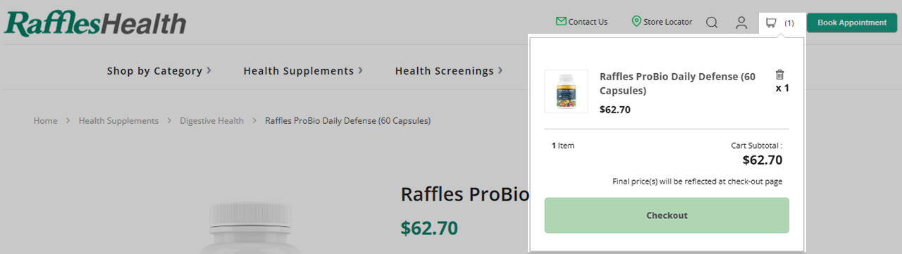 Review your shopping cart by clicking on “Cart”. Select “Checkout” when you are ready to purchase your items.