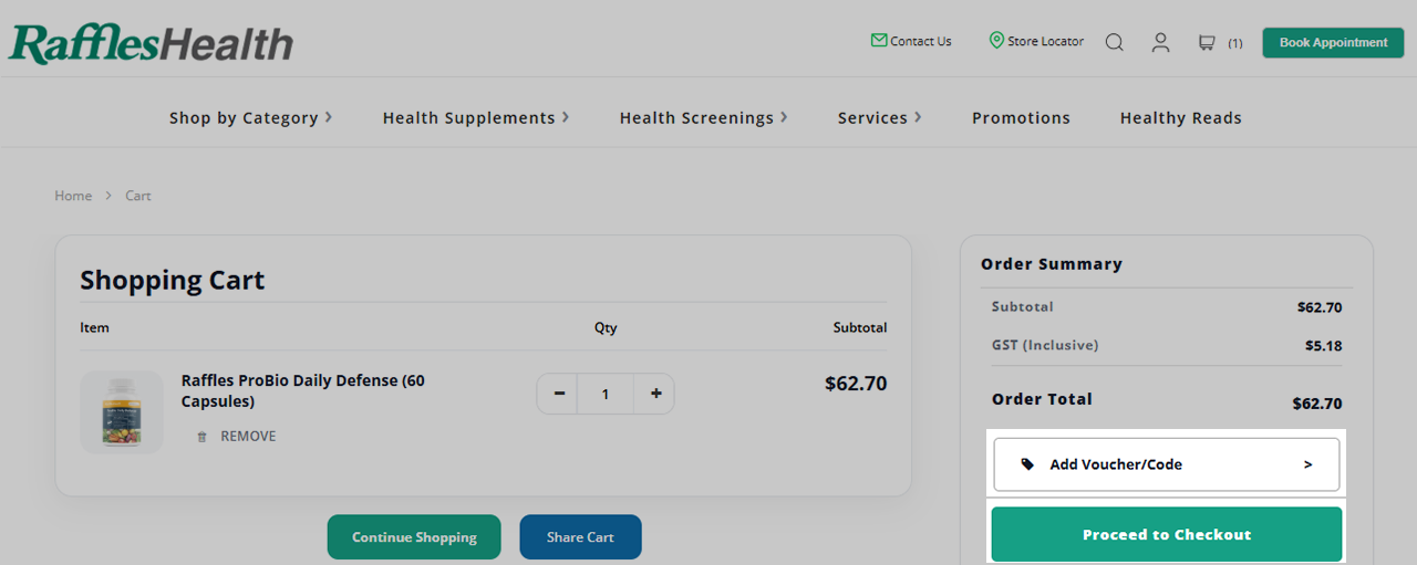At the "View Cart" page, copy or type your code into the code box, and click “Apply”. After confirming your order, click on "Proceed to Checkout".