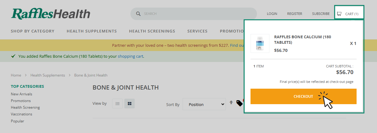 Review your shopping cart by clicking on “Cart”. Select “Checkout” when you are ready to purchase your items.