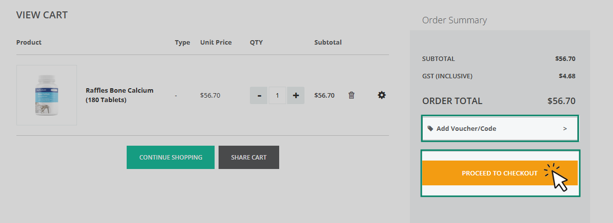 At the "View Cart" page, copy or type your code into the code box, and click “Apply”. After confirming your order, click on "Proceed to Checkout".